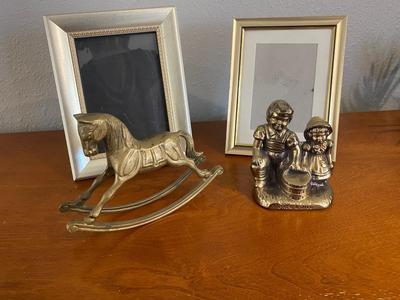 BRASS ROCKING HORSE, LITTLE PEOPLE AND 5 X 7 PICTURE FRAME