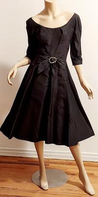 Vtg 50s Adele Simpson Demi Couture flare Shantung dress CrystalnBuckle