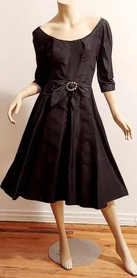 Vtg 50s Adele Simpson Demi Couture flare Shantung dress CrystalnBuckle