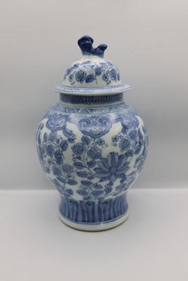 Large Blue & White Jar With Lion Handle