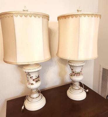 Lot #199 Pair of Vintage Porcelain Base Lamp - Rose motif