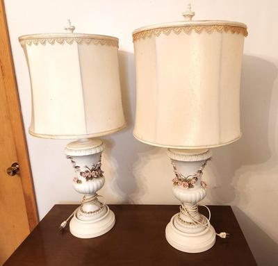 Lot #199 Pair of Vintage Porcelain Base Lamp - Rose motif