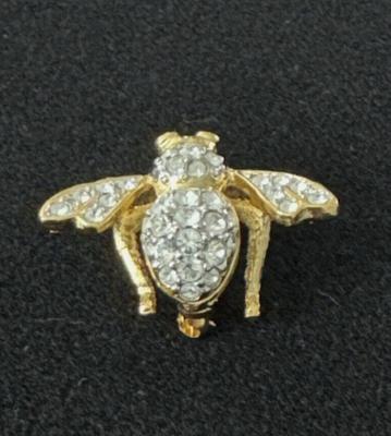 Signed Joan Rivers Vintage Clear & Green Rhinestone Gold Tone Bee Pin Brooch