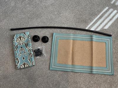 CURVED SHOWER ROD, BATH MATS AND SHOWER CURTAIN
