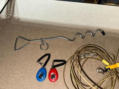 CORK SCREW TIE DOWN, PLASTIC COATED CABLE AND CLICKER TRAINERS