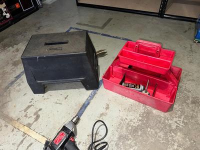 CRAFTSMAN DRILL, HEDGE CUTTERS AND A TOOL BOX STEP STOOL