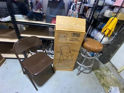 4 LIKE NEW VIRTUE, ALL STEEL FOLDING CHAIRS AND BAR STOOL
