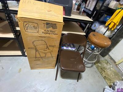4 LIKE NEW VIRTUE, ALL STEEL FOLDING CHAIRS AND BAR STOOL