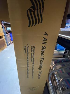 4 LIKE NEW VIRTUE, ALL STEEL FOLDING CHAIRS AND BAR STOOL