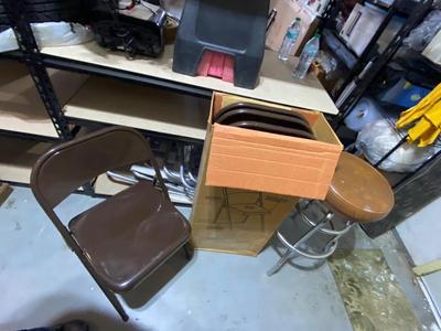 4 LIKE NEW VIRTUE, ALL STEEL FOLDING CHAIRS AND BAR STOOL