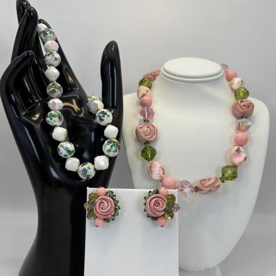 Lot 327: Vintage Vendome Art Glass & Rolled Rose Choker & Earring Set along w/ a Trifari Glass Necklace