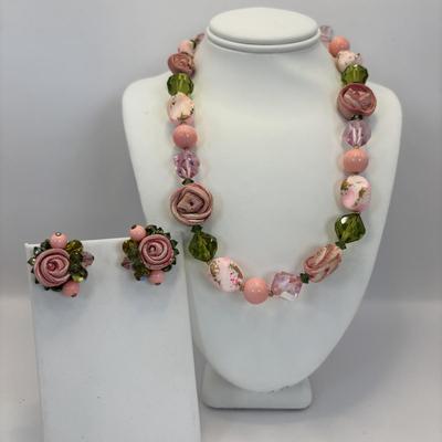 Lot 327: Vintage Vendome Art Glass & Rolled Rose Choker & Earring Set along w/ a Trifari Glass Necklace