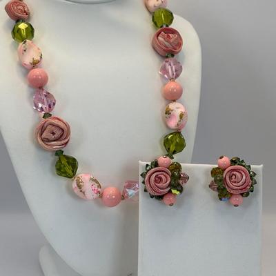 Lot 327: Vintage Vendome Art Glass & Rolled Rose Choker & Earring Set along w/ a Trifari Glass Necklace