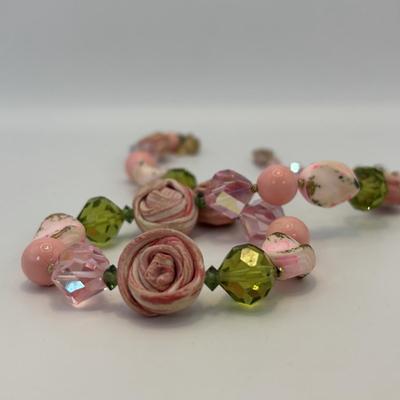 Lot 327: Vintage Vendome Art Glass & Rolled Rose Choker & Earring Set along w/ a Trifari Glass Necklace
