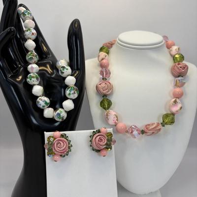Lot 327: Vintage Vendome Art Glass & Rolled Rose Choker & Earring Set along w/ a Trifari Glass Necklace