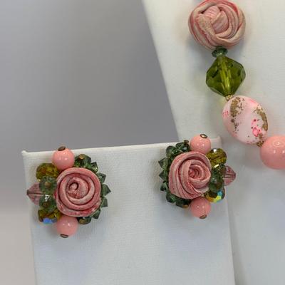 Lot 327: Vintage Vendome Art Glass & Rolled Rose Choker & Earring Set along w/ a Trifari Glass Necklace