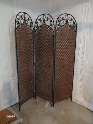 Nice Wicker and iron three Panel folding Room Divider