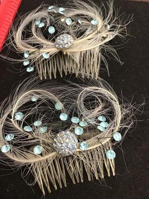 Beautiful Vintage Feather Blue Rhinestone Hair Combs