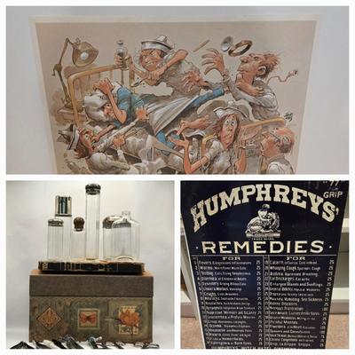LOT 1: Caricature by Jack Davis of a Chaotic Hospital Scene, Vintage Humphreys' Remedies Sign, The Philadelphia Medical &...
