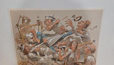 LOT 1: Caricature by Jack Davis of a Chaotic Hospital Scene, Vintage Humphreys' Remedies Sign, The Philadelphia Medical &...