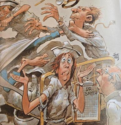 LOT 1: Caricature by Jack Davis of a Chaotic Hospital Scene, Vintage Humphreys' Remedies Sign, The Philadelphia Medical &...