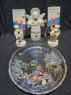 Collectable porcelain Angel with porcelain angel candle holders a large platter and more