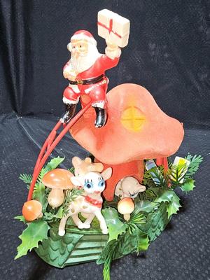 Vintage Christmas plastic Santa on Mushroom house with deer. blow mold MCM tabletop vintage Christmas plastic decoration