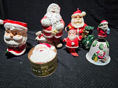Vintage Christmas Santa's -Adorable Santa Planter - felt - Bell - candle and a Stetson promotional Santa box with small red hat.
