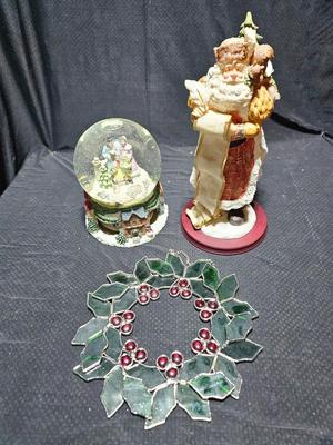 Large musical snow globe - stained glass wreath and a tall Santa