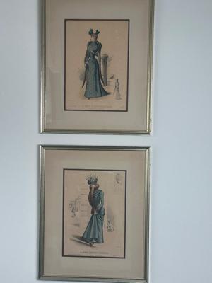 Pair of Framed Victorian Dress Illustrations from 1890s