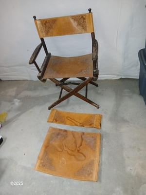 Antique / vintage leather tooled director's chair with extra leather pieces