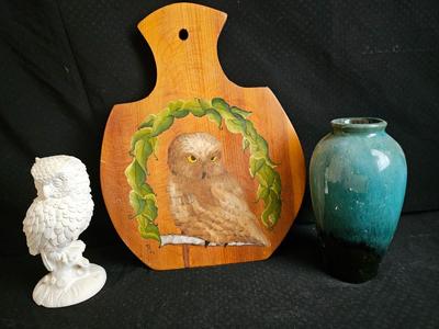 Alabaster Owl figure with hand painted owl on wood and a vase