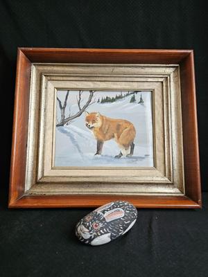 Original handplanted artwork - Signed Perman 79' red fox in the snow- also a little rock rabbit