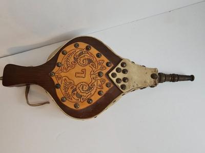 Vintage Brass and leather tooled wood fireplace Bellows