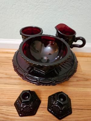 Avon Cape cod Ruby red sugar, cream, pedestal bowl, vegetable bowl, candle stick holders, and a cake plate