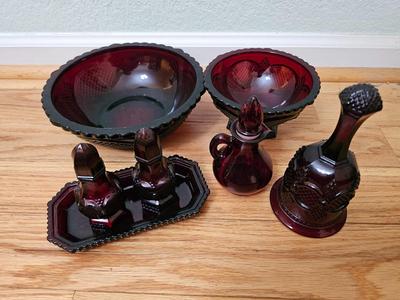 Avon Cape cod Ruby red salt & pepper shakers - vegetable bowl - pedestal bowl - cruet - and a dinner bell