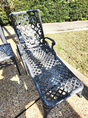 Lot #215 Pair of Vintage Patio Loungers with Cushions and Table