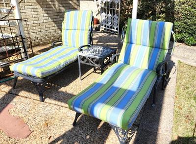 Lot #215 Pair of Vintage Patio Loungers with Cushions and Table