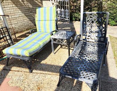 Lot #215 Pair of Vintage Patio Loungers with Cushions and Table