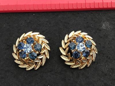 Beautiful Gold Textured Blue Rhinestone Excellent