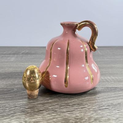 LOT 2D: Vintage Pink and Gold Deruta Italy Ceramic Decanter, Hand Decorated Weeping-Bright Gold Dish & Pickard China Sugar Bowl and...