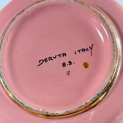 LOT 2D: Vintage Pink and Gold Deruta Italy Ceramic Decanter, Hand Decorated Weeping-Bright Gold Dish & Pickard China Sugar Bowl and...
