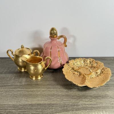 LOT 2D: Vintage Pink and Gold Deruta Italy Ceramic Decanter, Hand Decorated Weeping-Bright Gold Dish & Pickard China Sugar Bowl and...