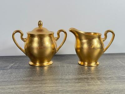 LOT 2D: Vintage Pink and Gold Deruta Italy Ceramic Decanter, Hand Decorated Weeping-Bright Gold Dish & Pickard China Sugar Bowl and...