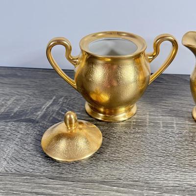 LOT 2D: Vintage Pink and Gold Deruta Italy Ceramic Decanter, Hand Decorated Weeping-Bright Gold Dish & Pickard China Sugar Bowl and...