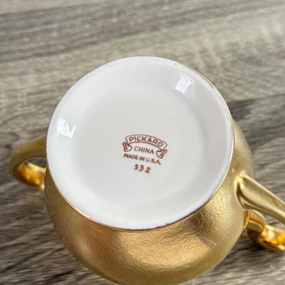 LOT 2D: Vintage Pink and Gold Deruta Italy Ceramic Decanter, Hand Decorated Weeping-Bright Gold Dish & Pickard China Sugar Bowl and...