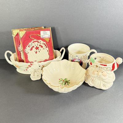 LOT 4D: Lenox Holiday: Occasions Santa Votive, 1997 Angel Mug, Pinecone and Holly Basket Dish, Special Bowl, Snowman & We Three Kings...