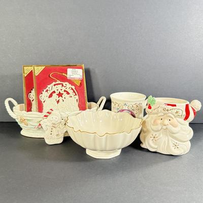 LOT 4D: Lenox Holiday: Occasions Santa Votive, 1997 Angel Mug, Pinecone and Holly Basket Dish, Special Bowl, Snowman & We Three Kings...