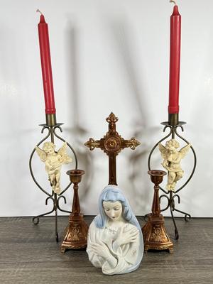 LOT 125F: Religious Home Decor Collection: Mary Planter, Cherub Candle Sticks, Bronze Cross w/ Matching Candlestick Holders