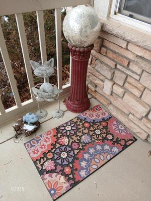Gazing ball on stand, Metal "Welcome" cat, door mat and a frog sprinkler
